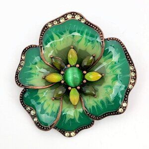 Liz Claiborne two tone green enamel flower pin with rhinestones + cabochons